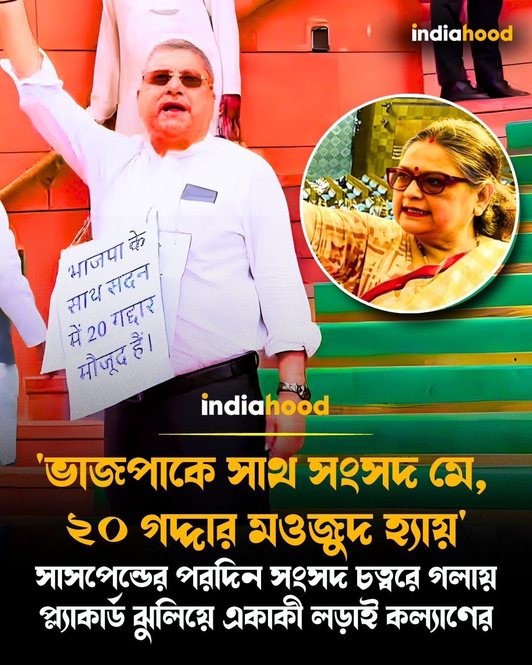 সাসপেন্ডের পরদিন সংসদ চত্বরে গলায় প্ল্যাকার্ড ঝুলিয়ে একাকী লড়াই কল্যাণের